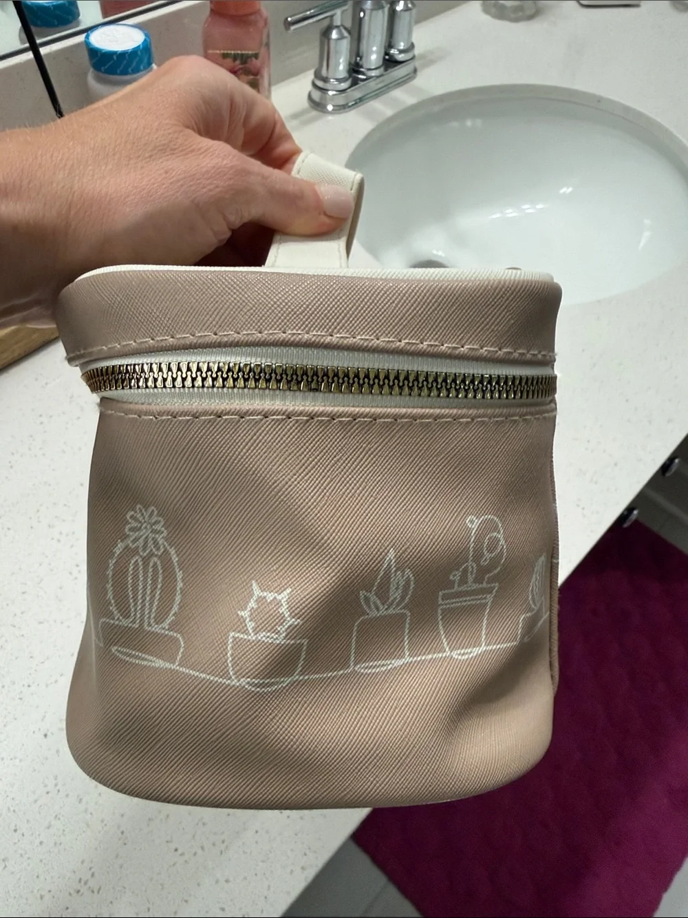Beige Cat & Cactus Travel Cosmetic Case with Top Handle